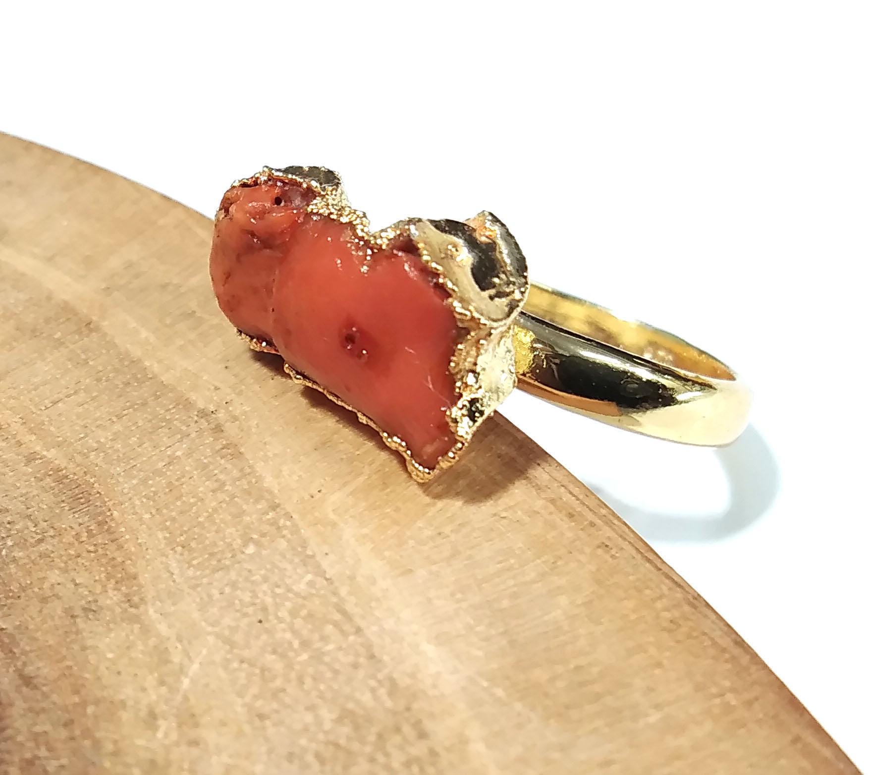 Natural Red Coral Rough Stone Ring, Solid 925 Sterling Silver Gold Plated Ring, Red Coral Stone Size 15x8 mm Handmade Gift Statement Ring